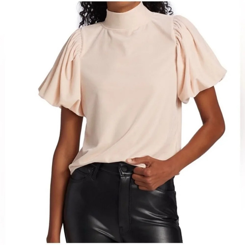 FREE PEOPLE Luxe Velvet Claudia Champagne Toast Puff Sleeve Sweater Tee SMALL